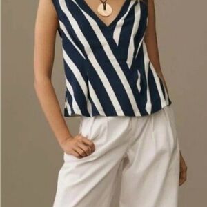 Anthropologie Maeve navy and white striped v-neck top